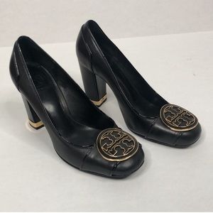 Tory Burch Black Leather Block Heel with Gold Emblem Size 7.5